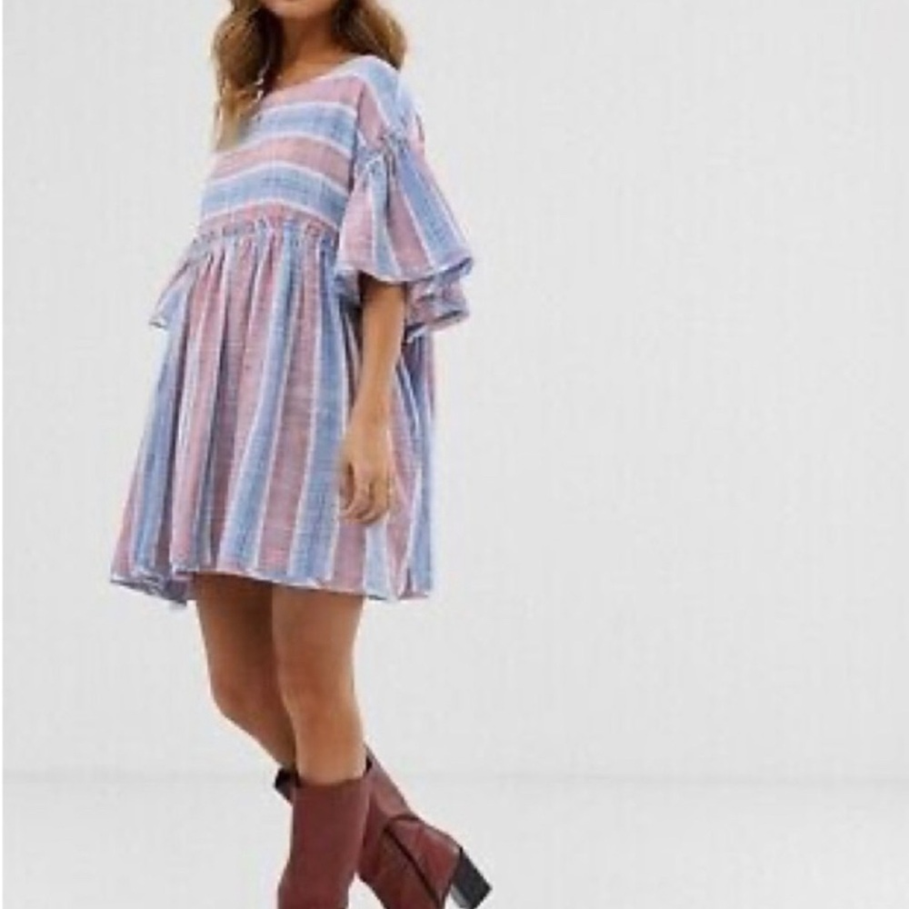 NWOT Free People Summer Nights Raw Hem Tattered Stripe Babydoll Shirt Dress